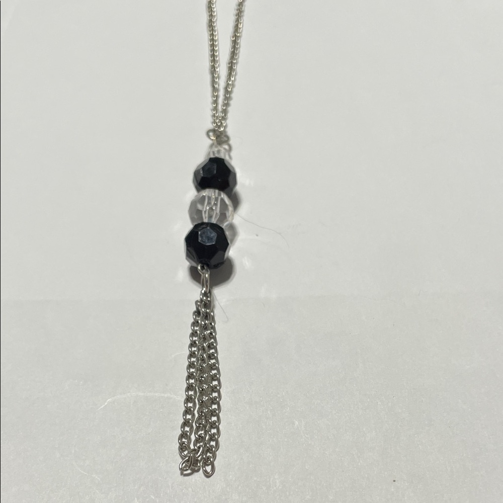 Silver Chain Necklace with Black and Clear Beads